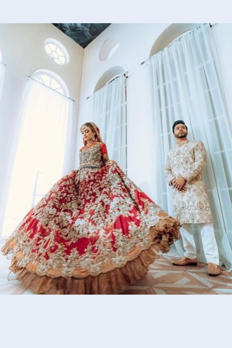 Pakistani Crimson Red Zardozi Silk Bridal Lehenga (3-Piece) - Image 1