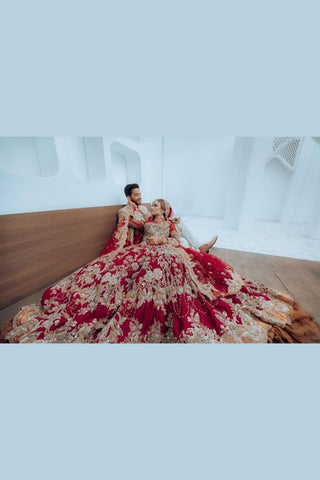 Pakistani Crimson Red Zardozi Silk Bridal Lehenga (3-Piece) - Image 3