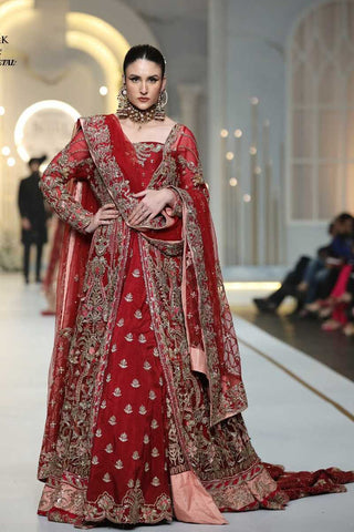 Deep Red Embroidered Silk Bridal Lehenga (3-Piece) - Image 2