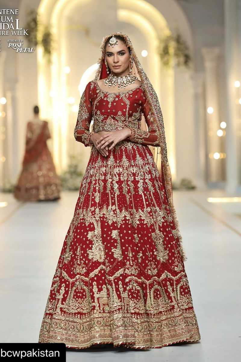 Pakistani Deep Red Zardozi Silk Bridal Lehenga (3-Piece) - Image 1
