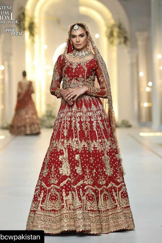 Pakistani Deep Red Zardozi Silk Bridal Lehenga (3-Piece) - Image 2