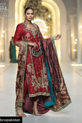 Pakistani Deep Red Zardozi Silk Bridal Lehenga (3-Piece) - Image 3