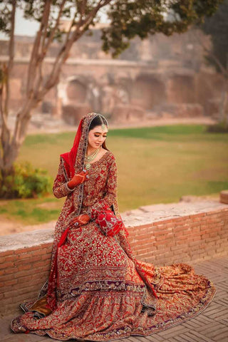 Deep Red Embroidered Silk Brocade Bridal Lehenga (3-Piece) - Image 2