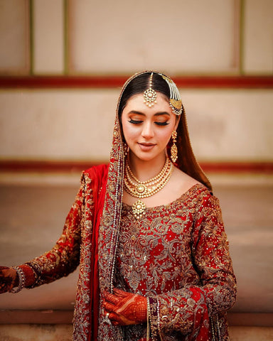 Deep Red Embroidered Silk Brocade Bridal Lehenga (3-Piece) - Image 4