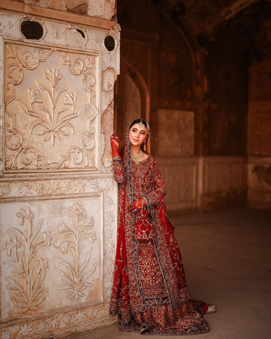 Deep Red Embroidered Silk Brocade Bridal Lehenga (3-Piece) - Image 6