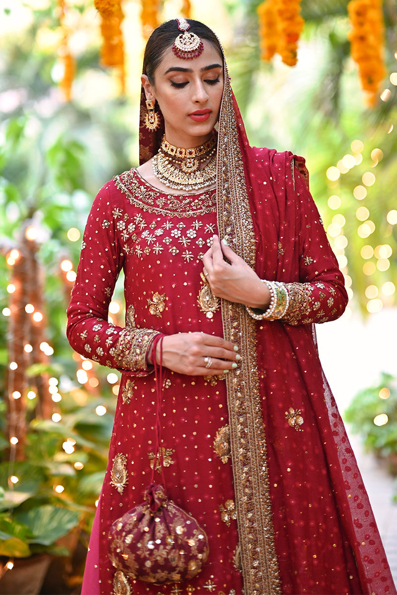 Pakistani Deep Crimson Zardozi Silk Cotton Net Farshi Lehnga (3-Piece) - Image 2