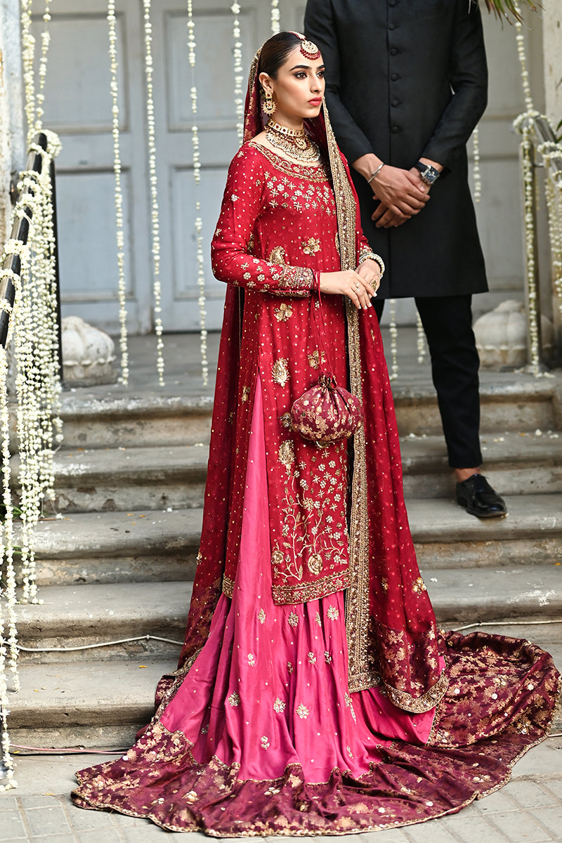 Pakistani Deep Crimson Zardozi Silk Cotton Net Farshi Lehnga (3-Piece) - Image 3
