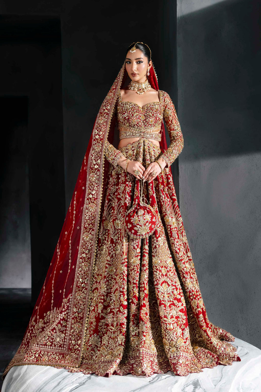 Pakistani Deep Red Embroidered Silk Bridal Lehenga (3-Piece) - Image 1