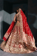 Pakistani Deep Red Embroidered Silk Bridal Lehenga (3-Piece) - Image 4