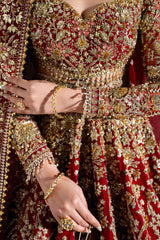 Pakistani Deep Red Embroidered Silk Bridal Lehenga (3-Piece) - Image 5