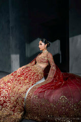 Pakistani Deep Red Embroidered Silk Bridal Lehenga (3-Piece) - Image 6