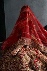 Pakistani Deep Red Embroidered Silk Bridal Lehenga (3-Piece) - Image 8