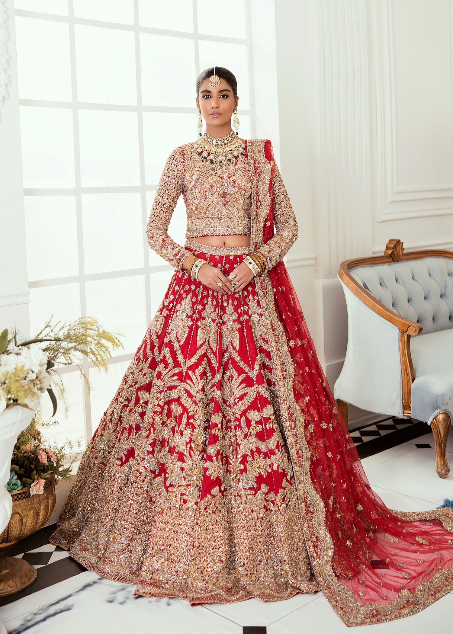 Deep Red Zardozi Silk Bridal Lehenga (3-Piece) - Image 1