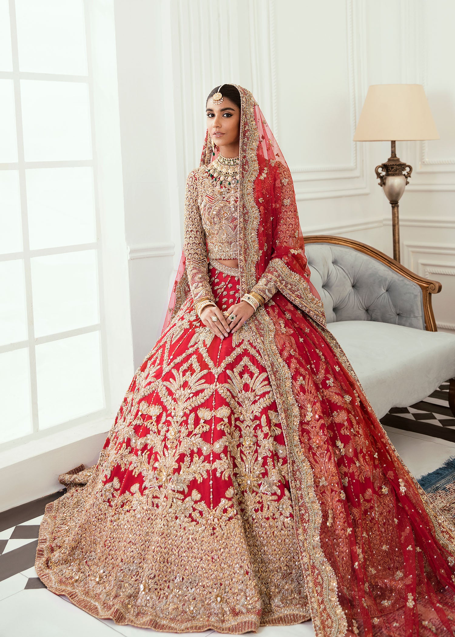 Deep Red Zardozi Silk Bridal Lehenga (3-Piece) - Image 3