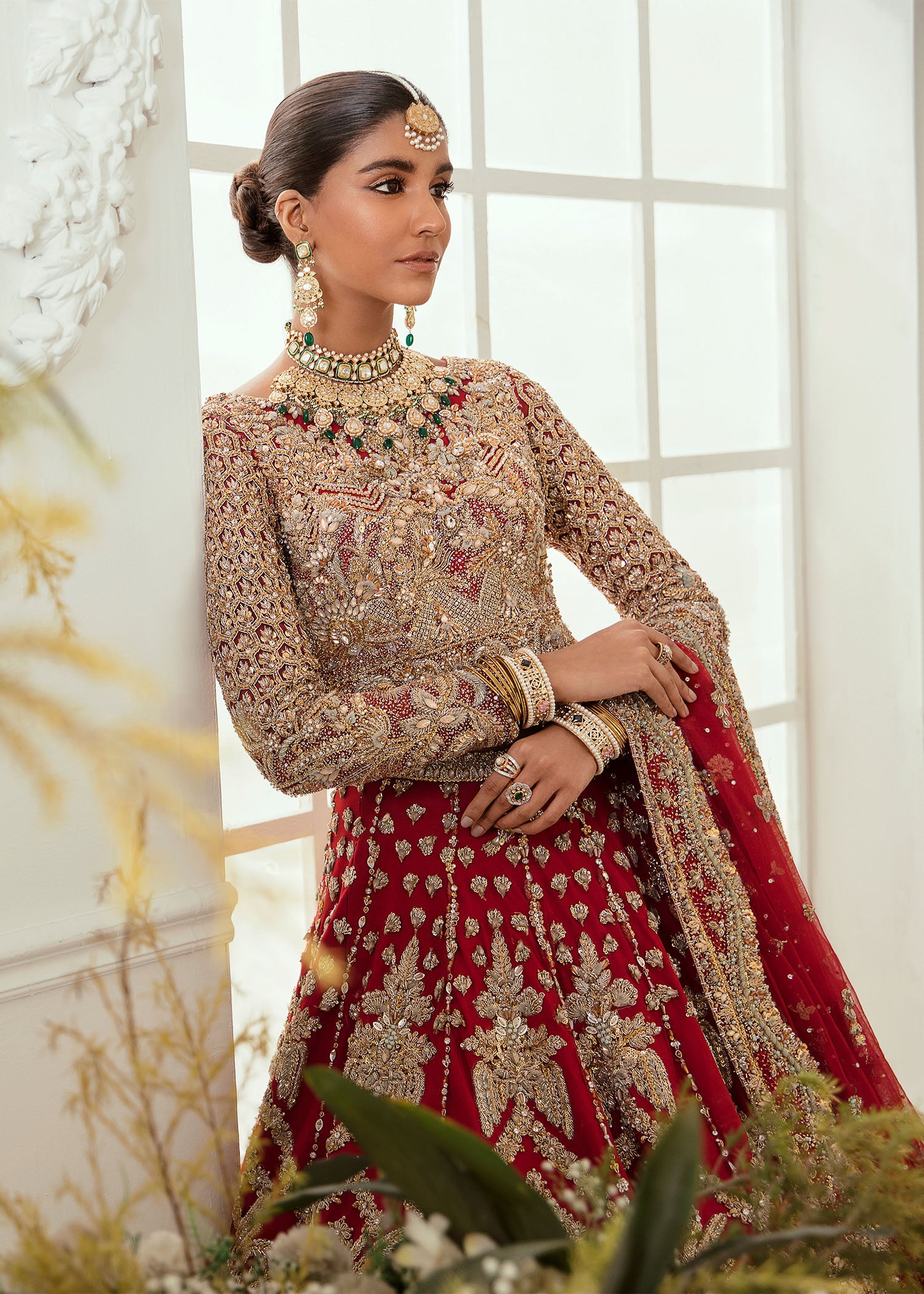 Deep Red Zardozi Silk Bridal Lehenga (3-Piece) - Image 4