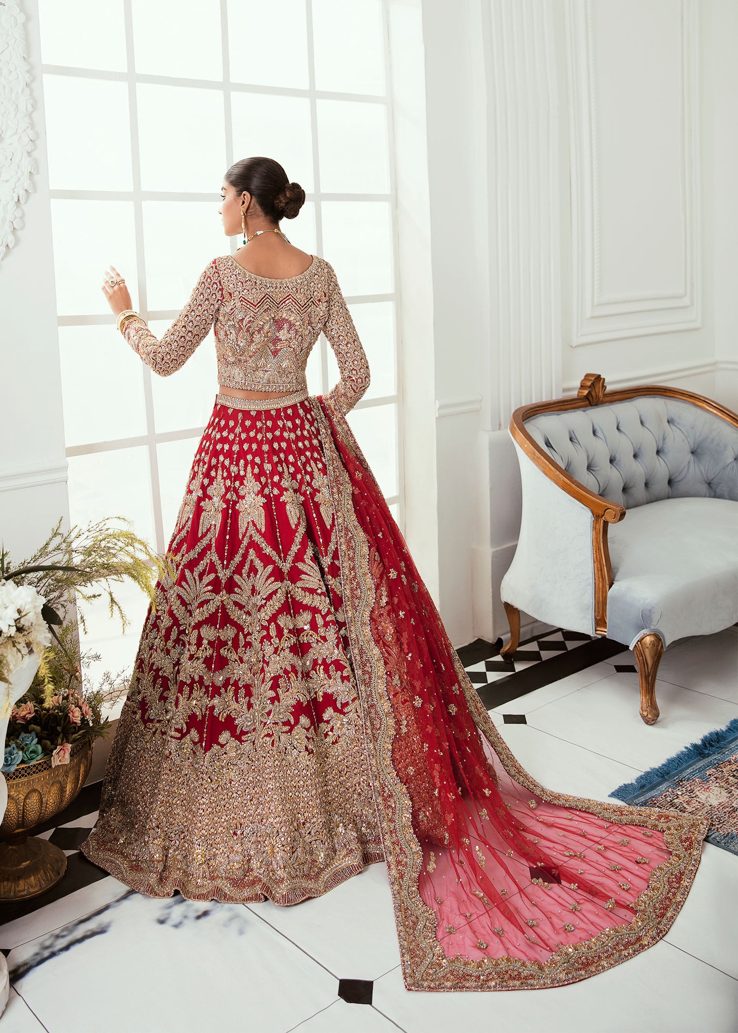 Deep Red Zardozi Silk Bridal Lehenga (3-Piece) - Image 5