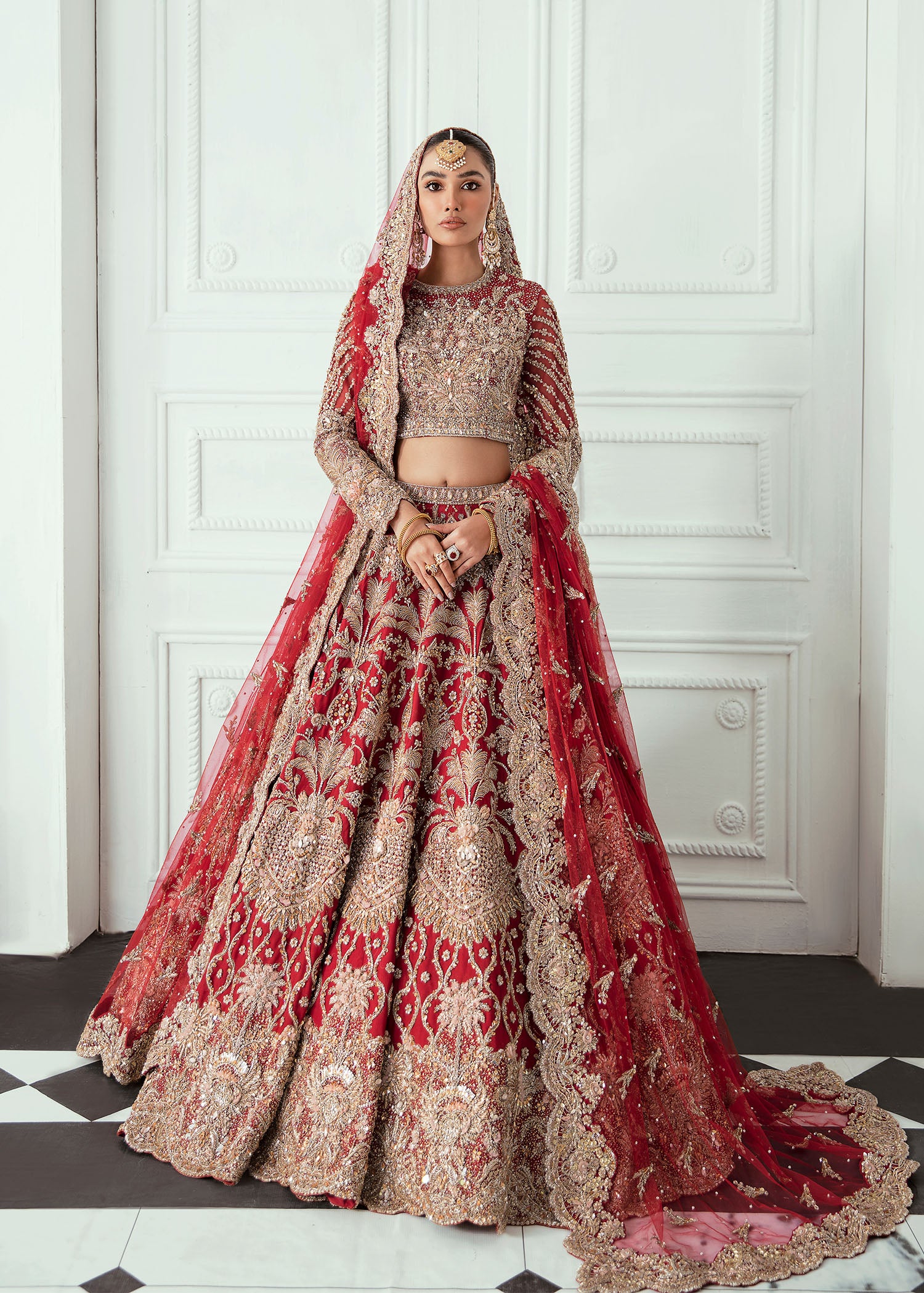 Deep Red Zardozi Silk Bridal Lehenga (3-Piece) - Image 1