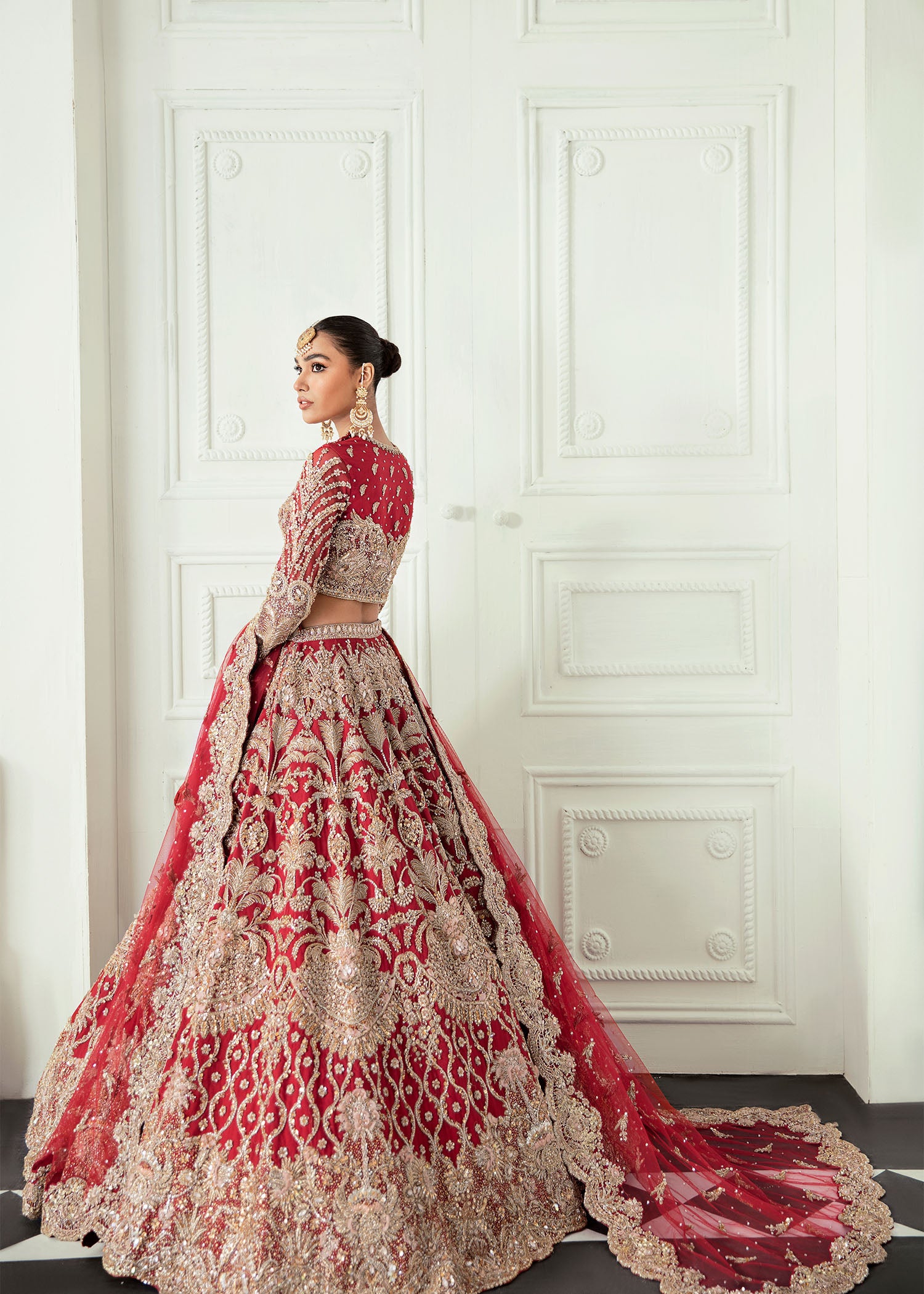 Deep Red Zardozi Silk Bridal Lehenga (3-Piece) - Image 2