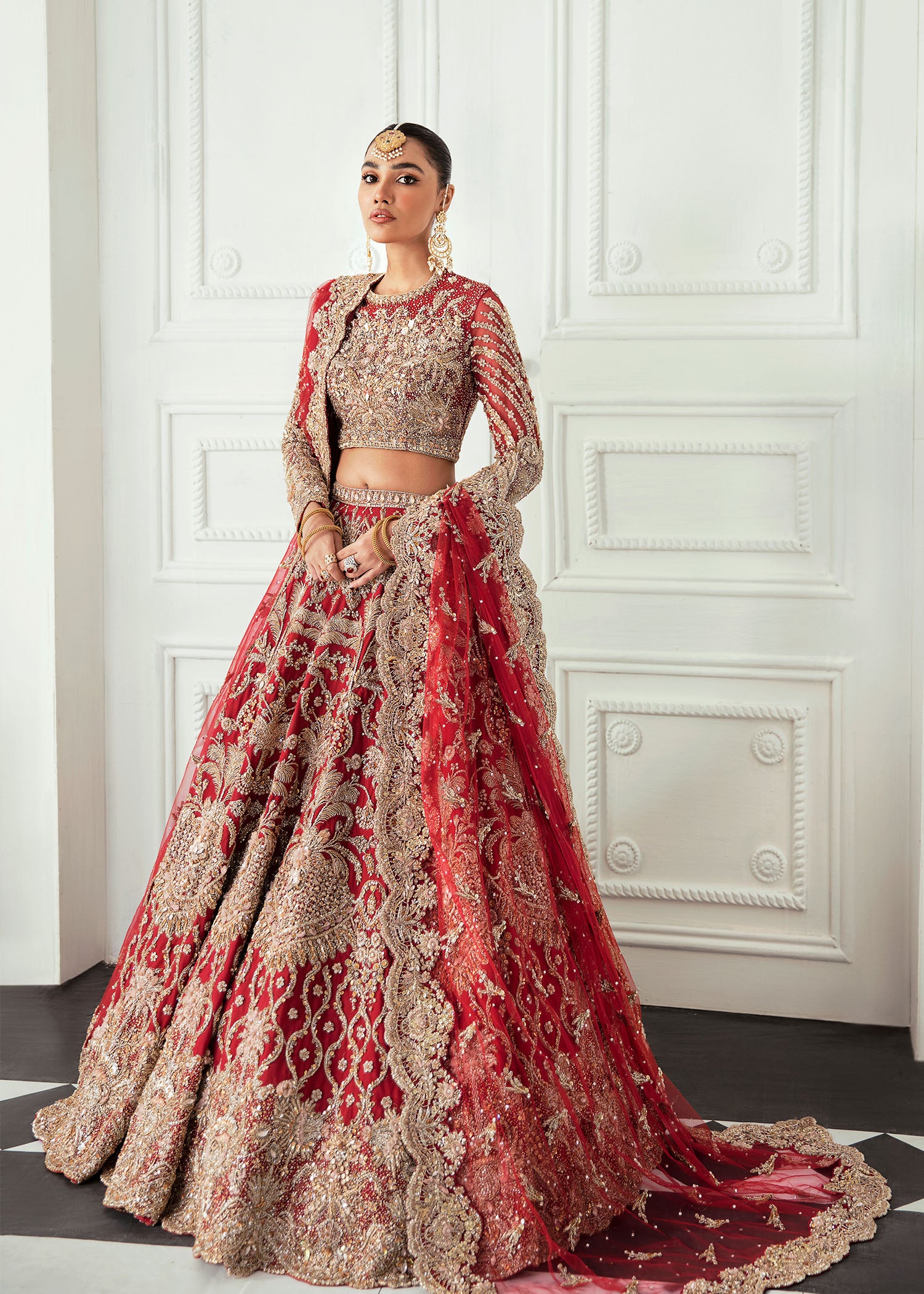 Deep Red Zardozi Silk Bridal Lehenga (3-Piece) - Image 3