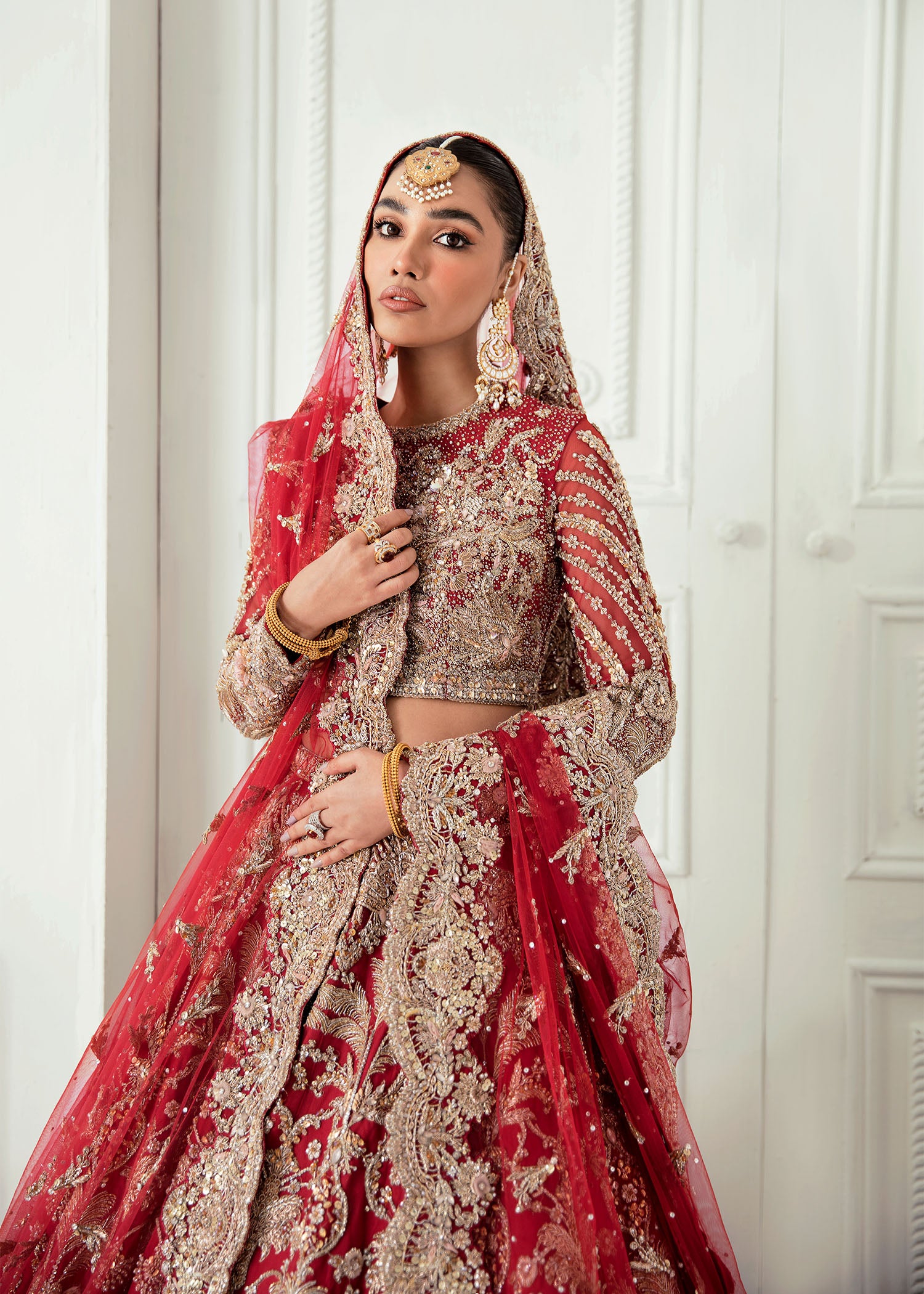 Deep Red Zardozi Silk Bridal Lehenga (3-Piece) - Image 4
