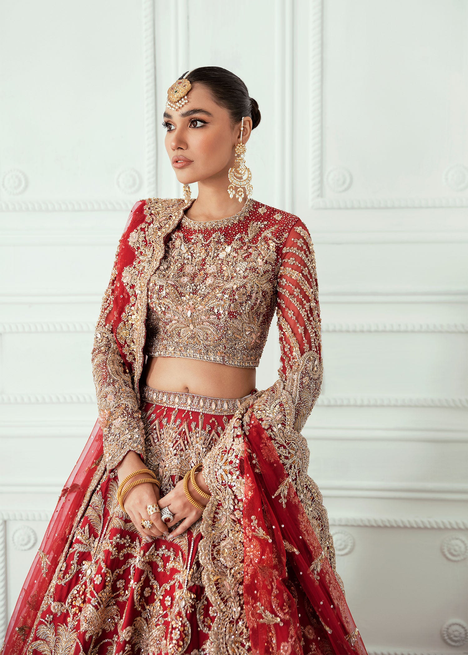 Deep Red Zardozi Silk Bridal Lehenga (3-Piece) - Image 5