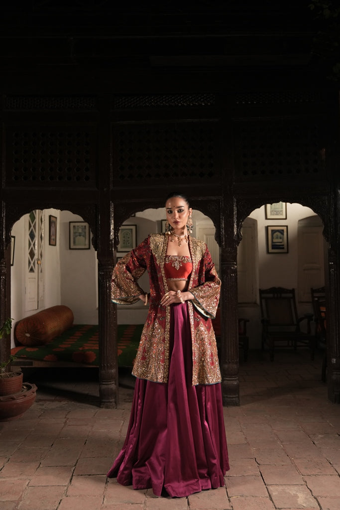 Pakistani Red & Purple Hand-Embroidered Silk Jacket Lehenga (3-Piece) - Image 1