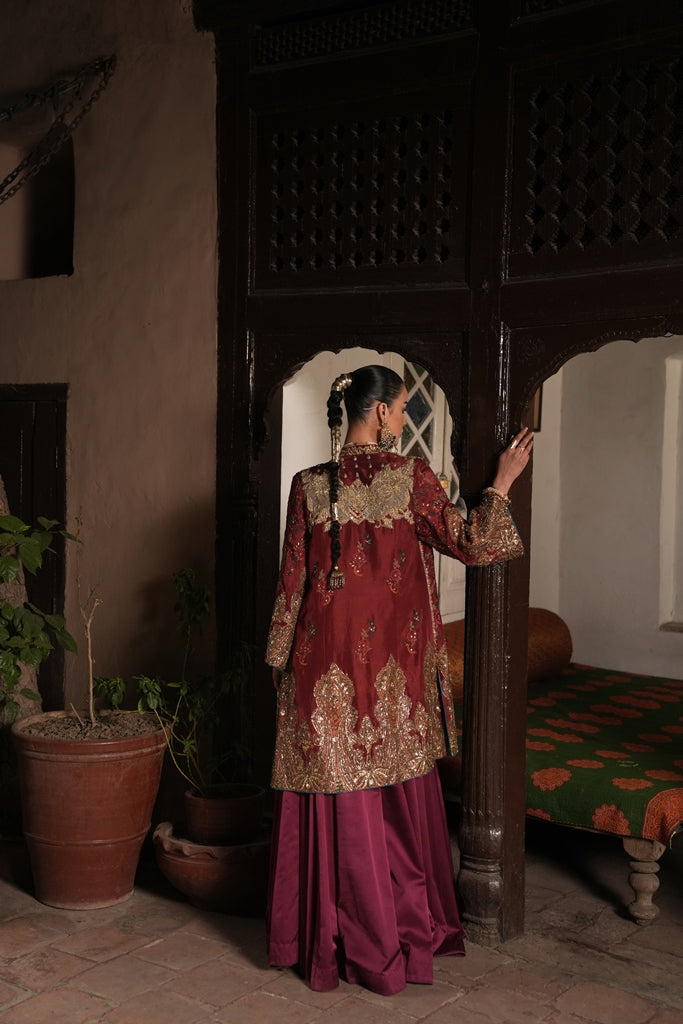 Pakistani Red & Purple Hand-Embroidered Silk Jacket Lehenga (3-Piece) - Image 2