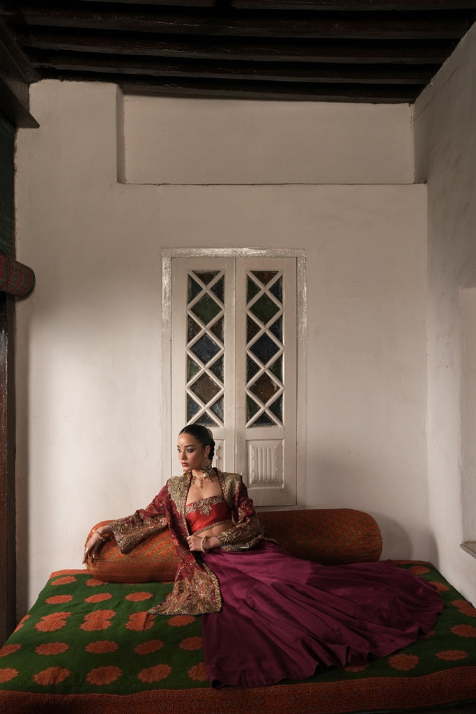 Pakistani Red & Purple Hand-Embroidered Silk Jacket Lehenga (3-Piece) - Image 3