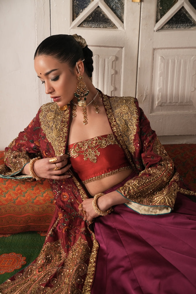 Pakistani Red & Purple Hand-Embroidered Silk Jacket Lehenga (3-Piece) - Image 4