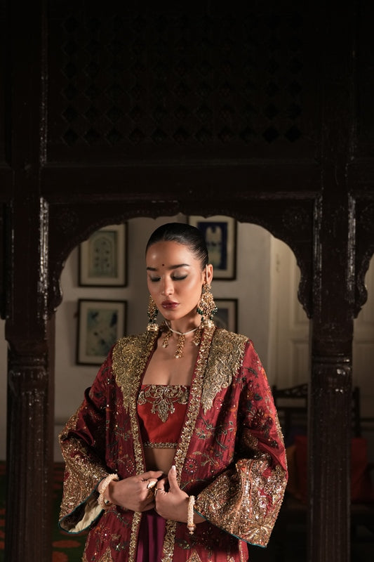 Pakistani Red & Purple Hand-Embroidered Silk Jacket Lehenga (3-Piece) - Image 5