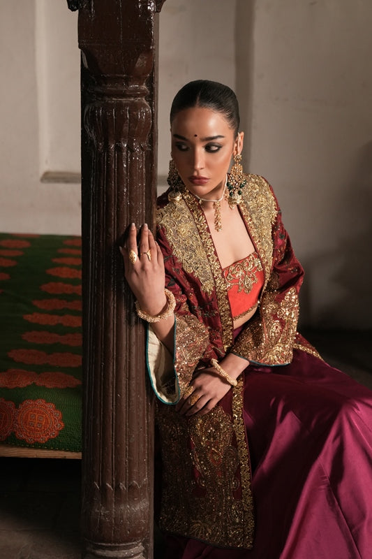 Pakistani Red & Purple Hand-Embroidered Silk Jacket Lehenga (3-Piece) - Image 6