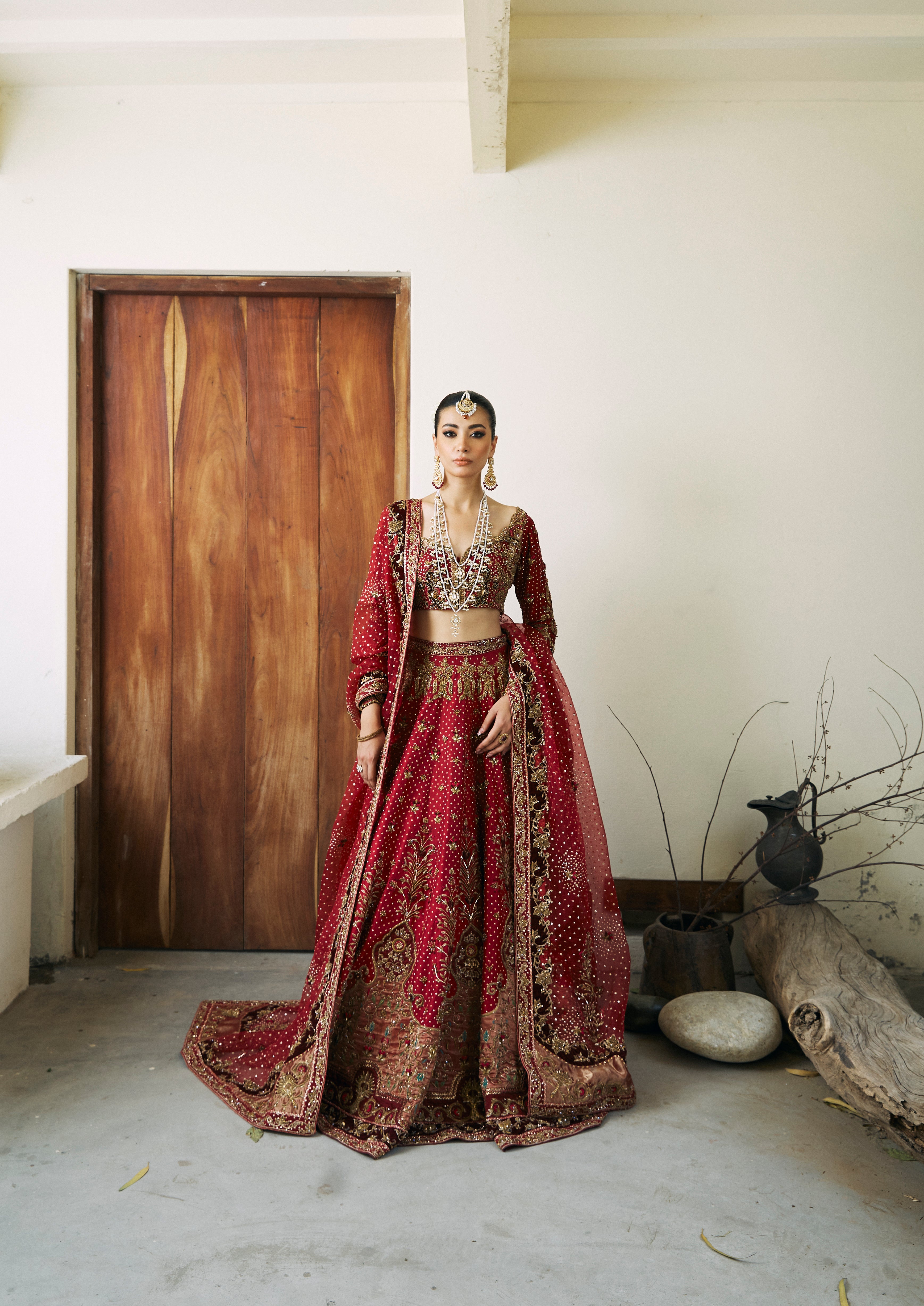 Pakistani Red Hand-Embellished Silk Farshi Lehenga Choli (3-Piece) - Image 1