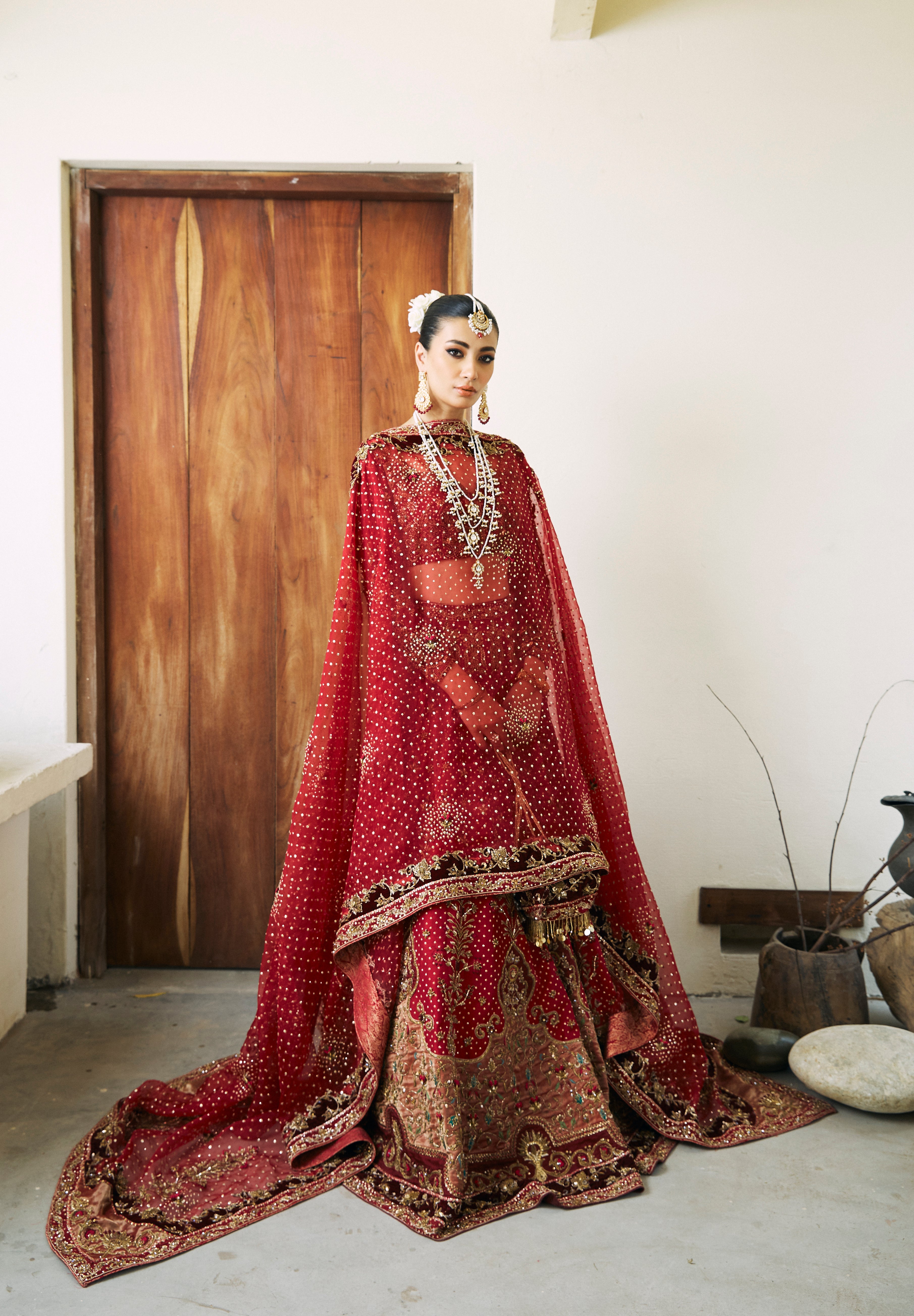 Pakistani Red Hand-Embellished Silk Farshi Lehenga Choli (3-Piece) - Image 2