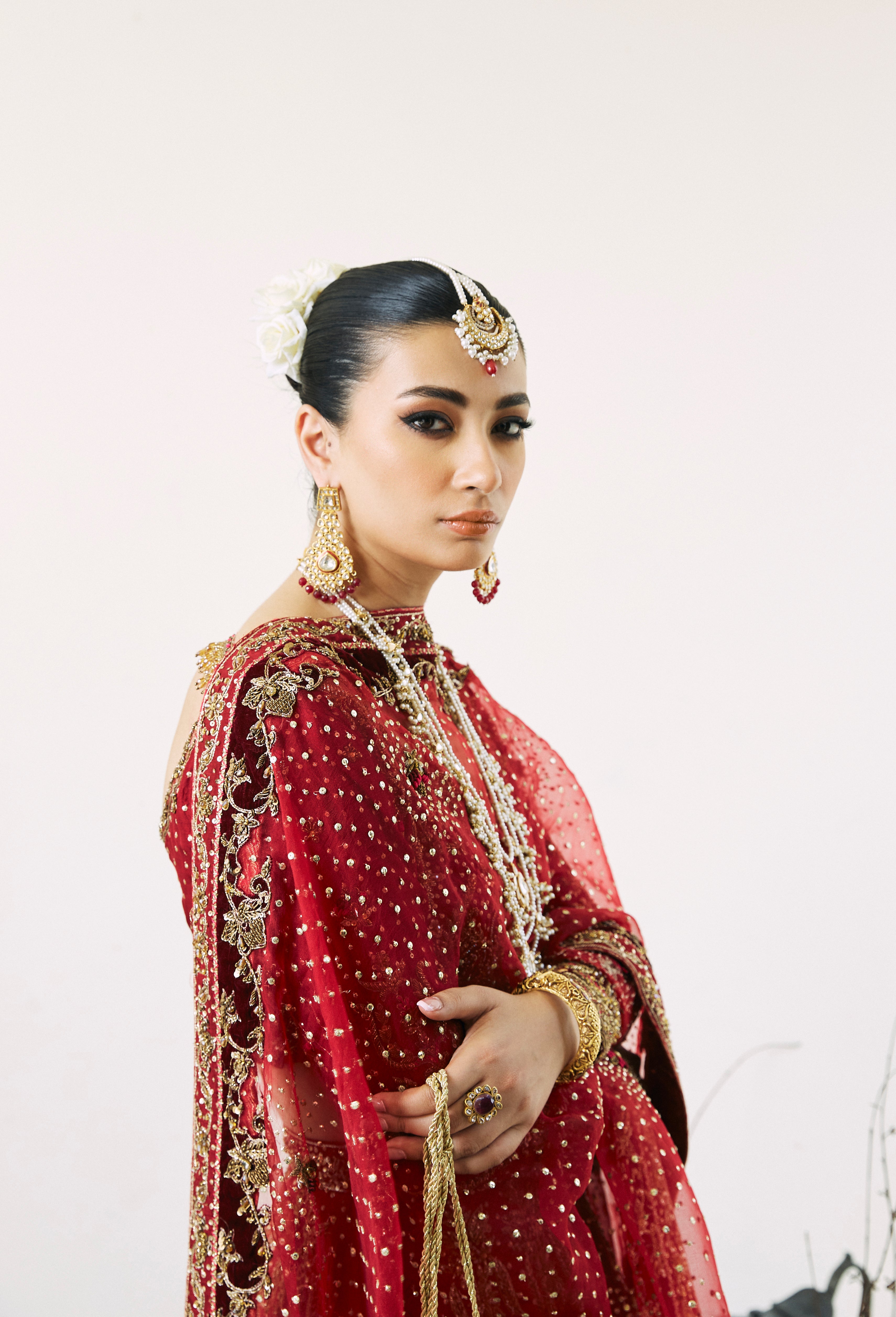 Pakistani Red Hand-Embellished Silk Farshi Lehenga Choli (3-Piece) - Image 3