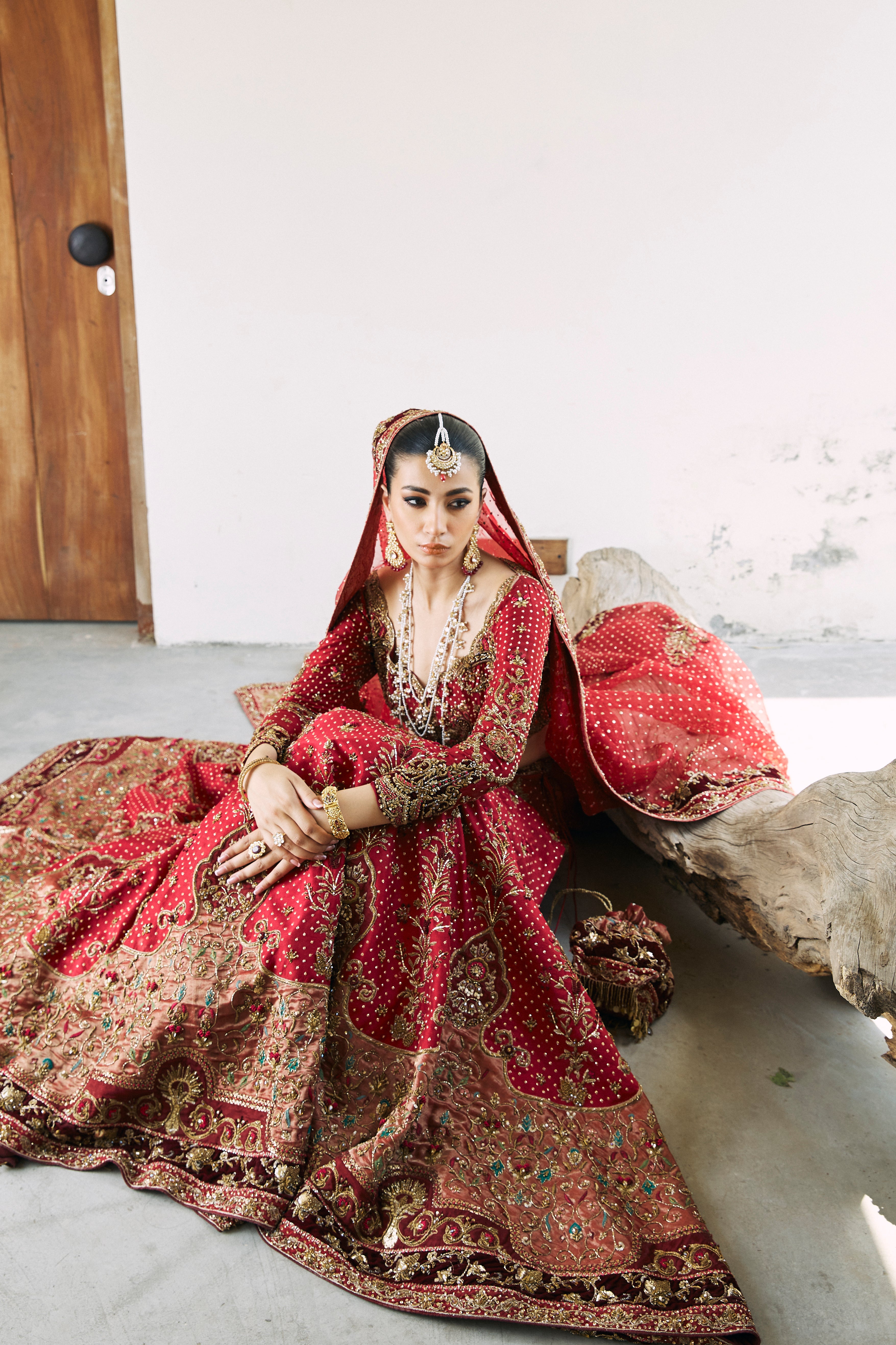 Pakistani Red Hand-Embellished Silk Farshi Lehenga Choli (3-Piece) - Image 4