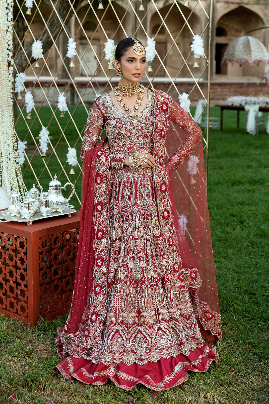 Pakistani Deep Red Embroidered Silk Bridal Lehenga (3-Piece) - Image 1