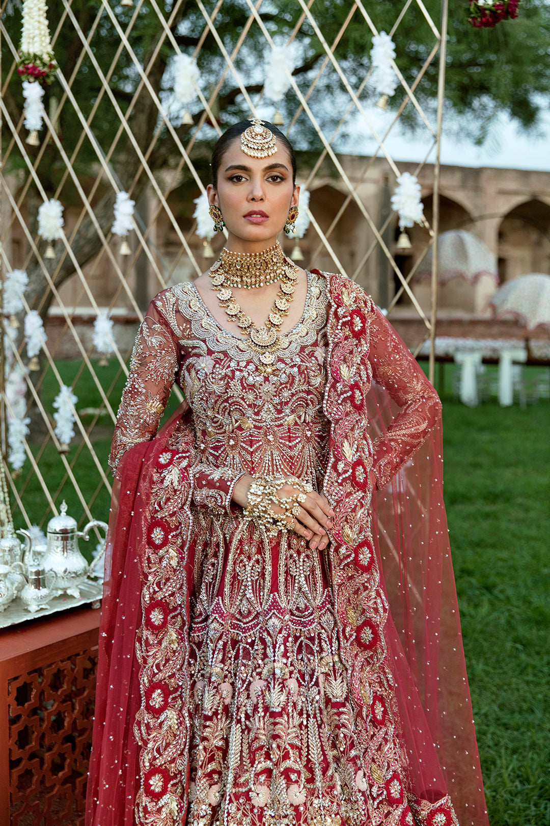 Pakistani Deep Red Embroidered Silk Bridal Lehenga (3-Piece) - Image 2