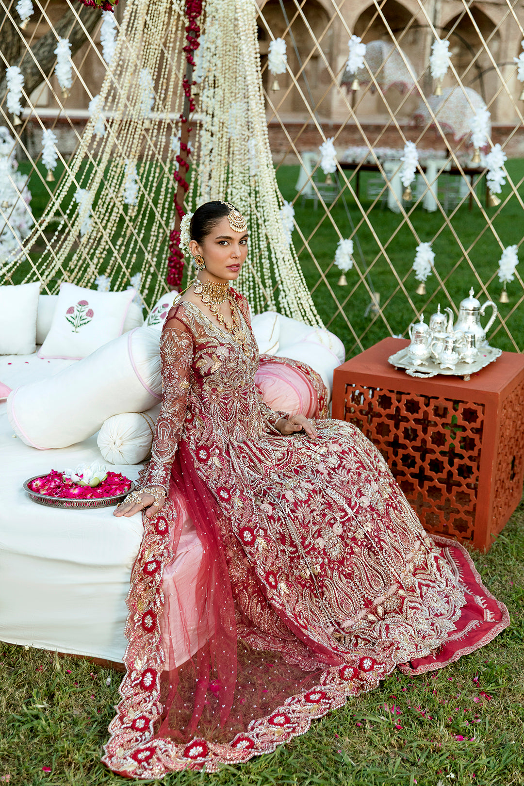 Pakistani Deep Red Embroidered Silk Bridal Lehenga (3-Piece) - Image 3