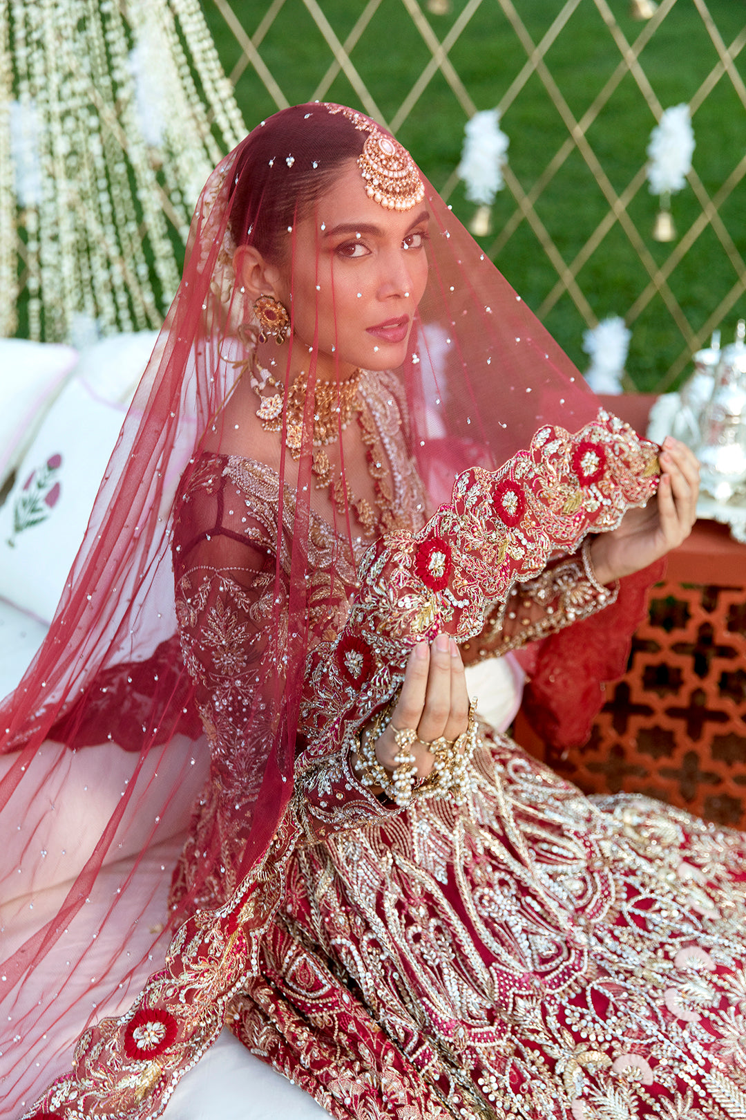 Pakistani Deep Red Embroidered Silk Bridal Lehenga (3-Piece) - Image 4