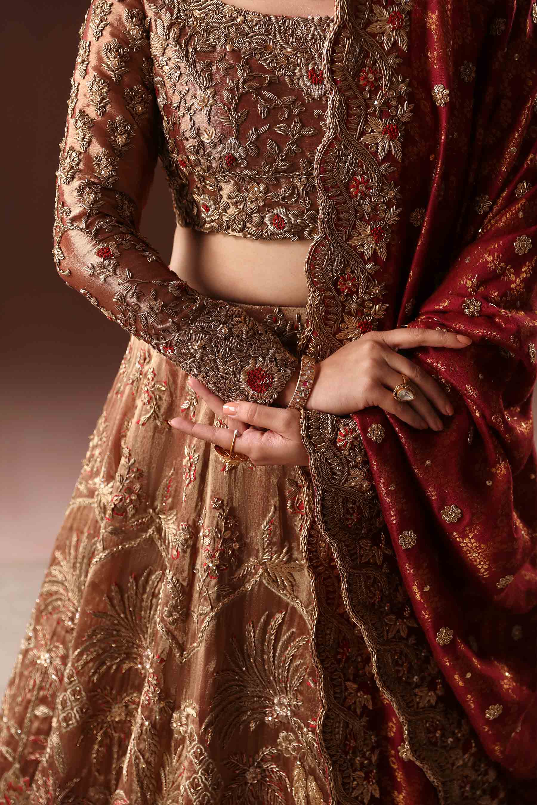 Pakistani Rust Zardozi Silk Lehnga Choli (3-Piece) - Image 3