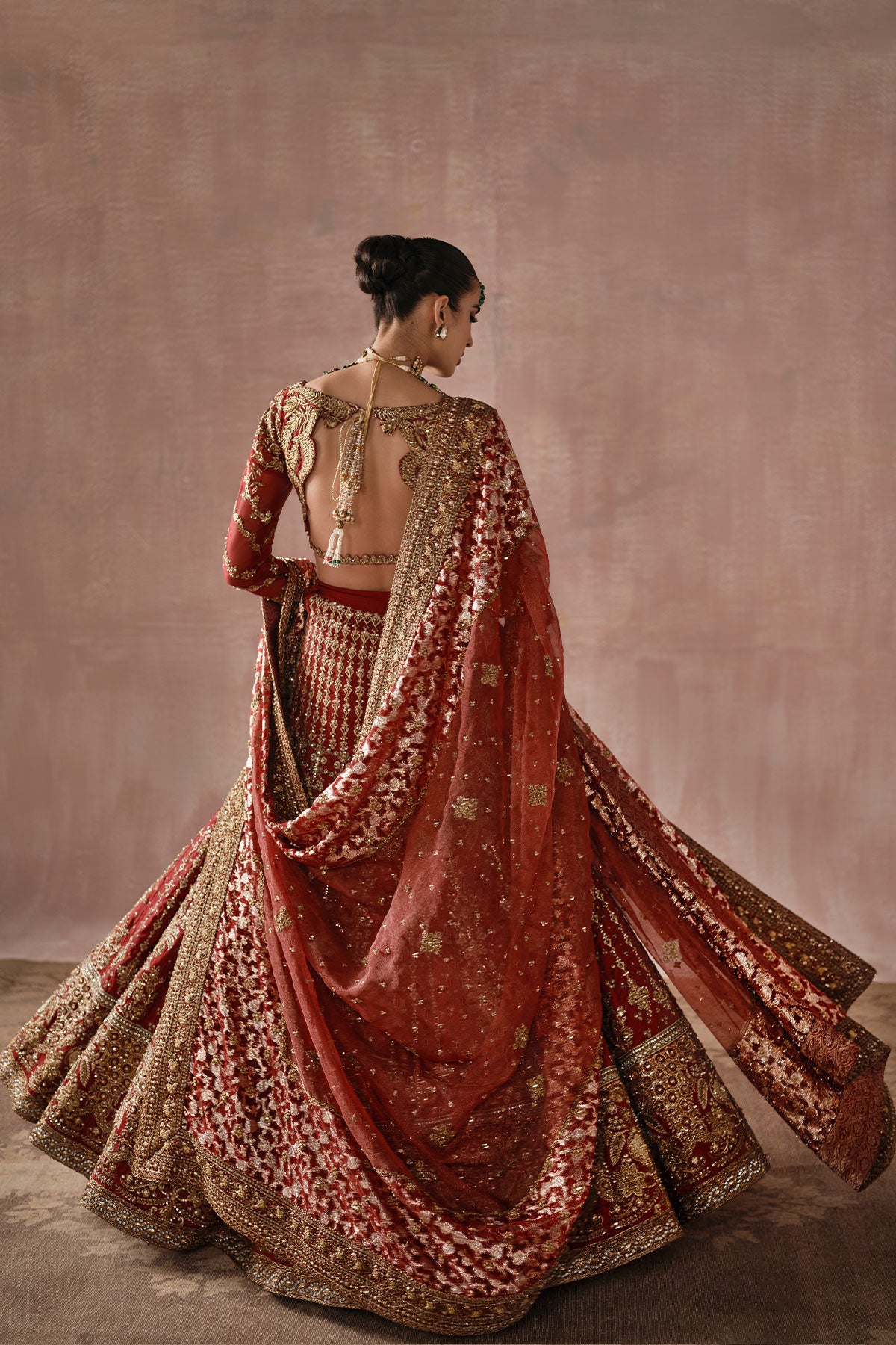Red Zardozi Silk Lehenga Choli (3-Piece) - Image 3