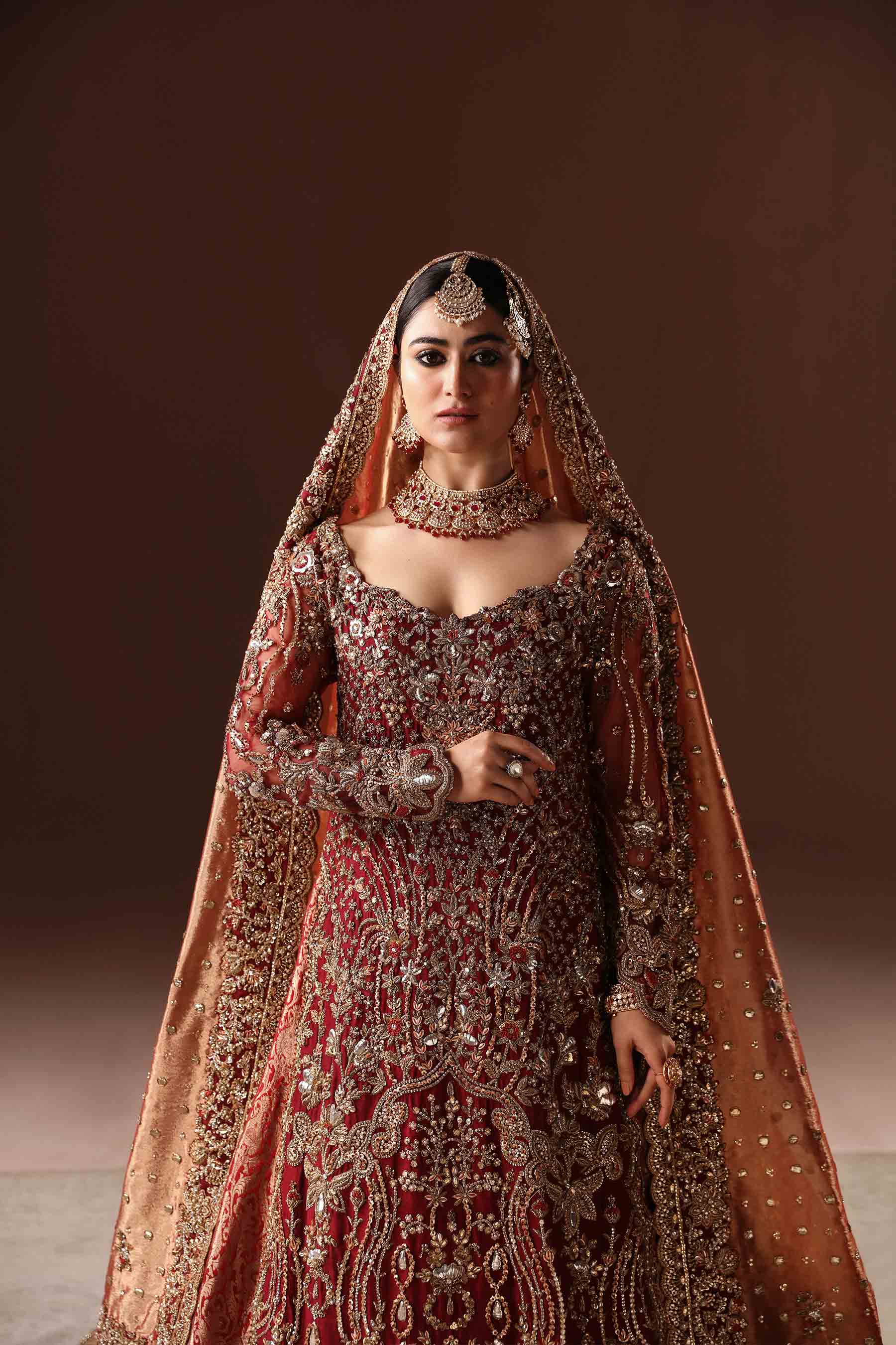 Scarlet Mukesh Zardozi Silk Farshi Bridal Lehenga (3-Piece) - Image 3