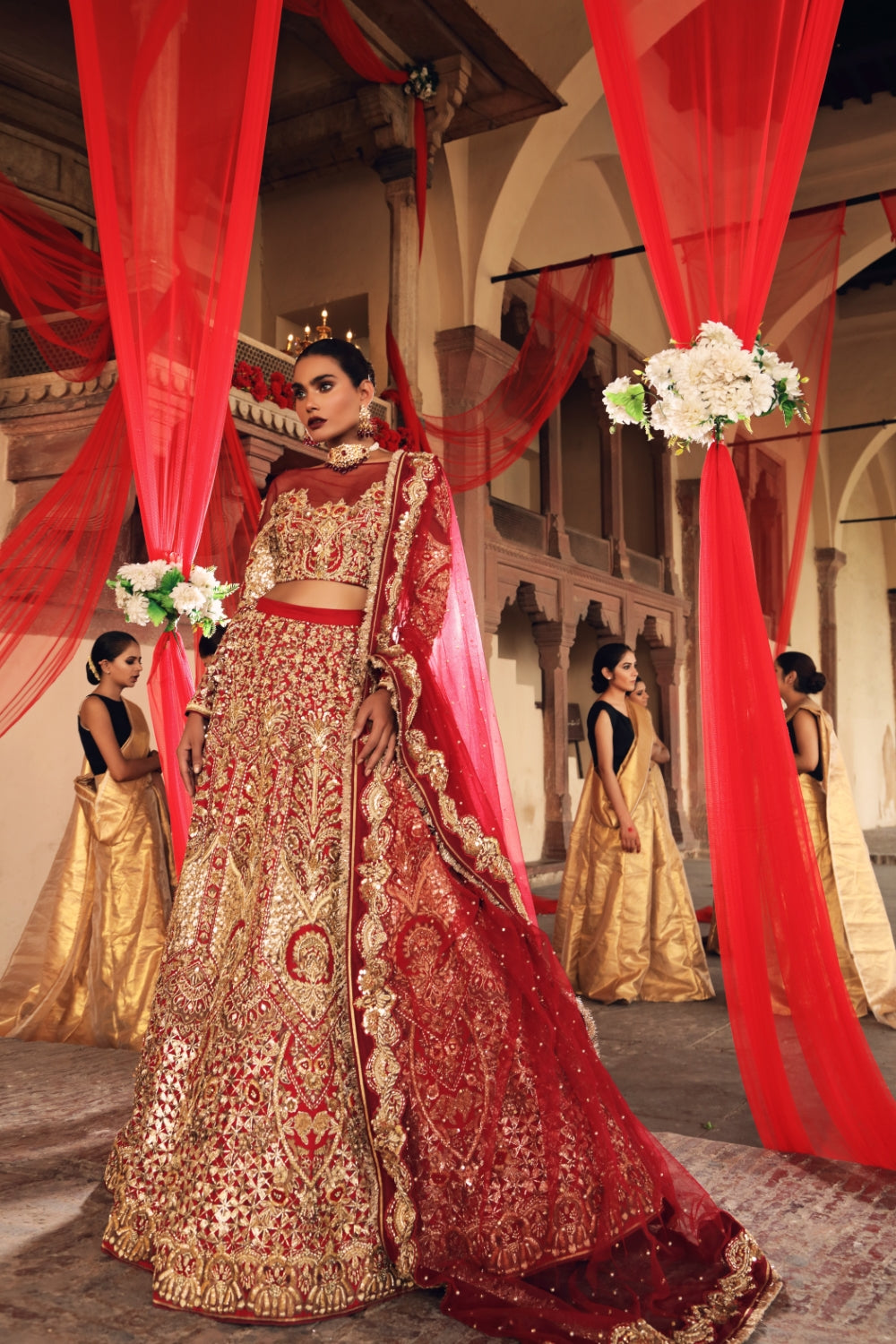 Pakistani Deep Red Zardozi Silk Bridal Lehenga (3-Piece) - Image 2