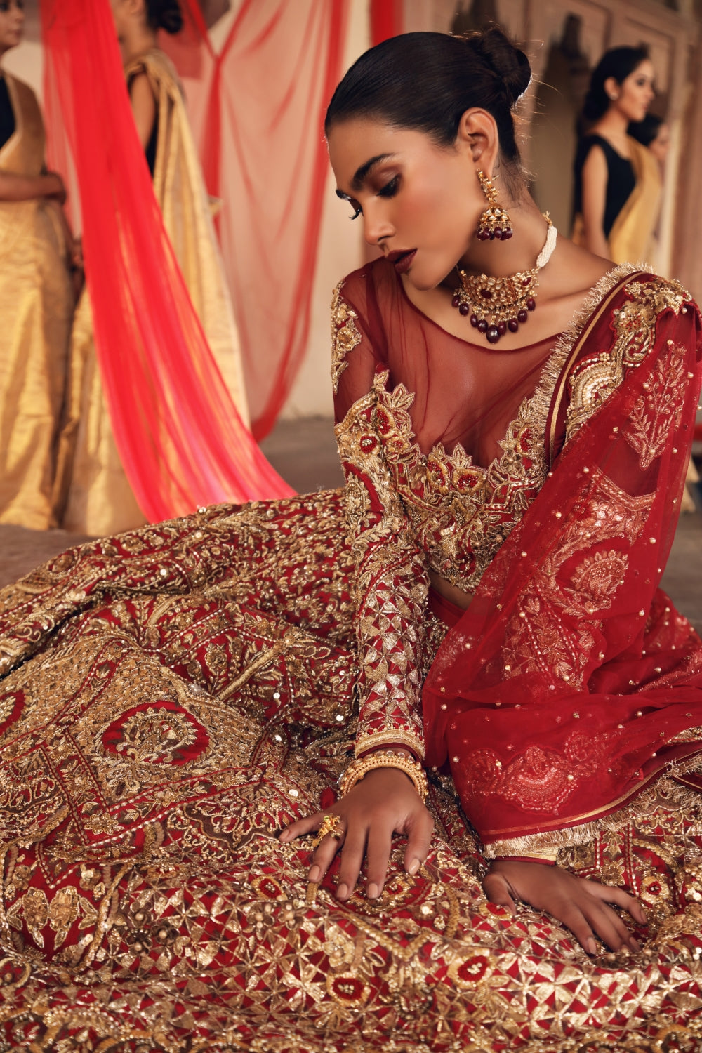 Pakistani Deep Red Zardozi Silk Bridal Lehenga (3-Piece) - Image 5