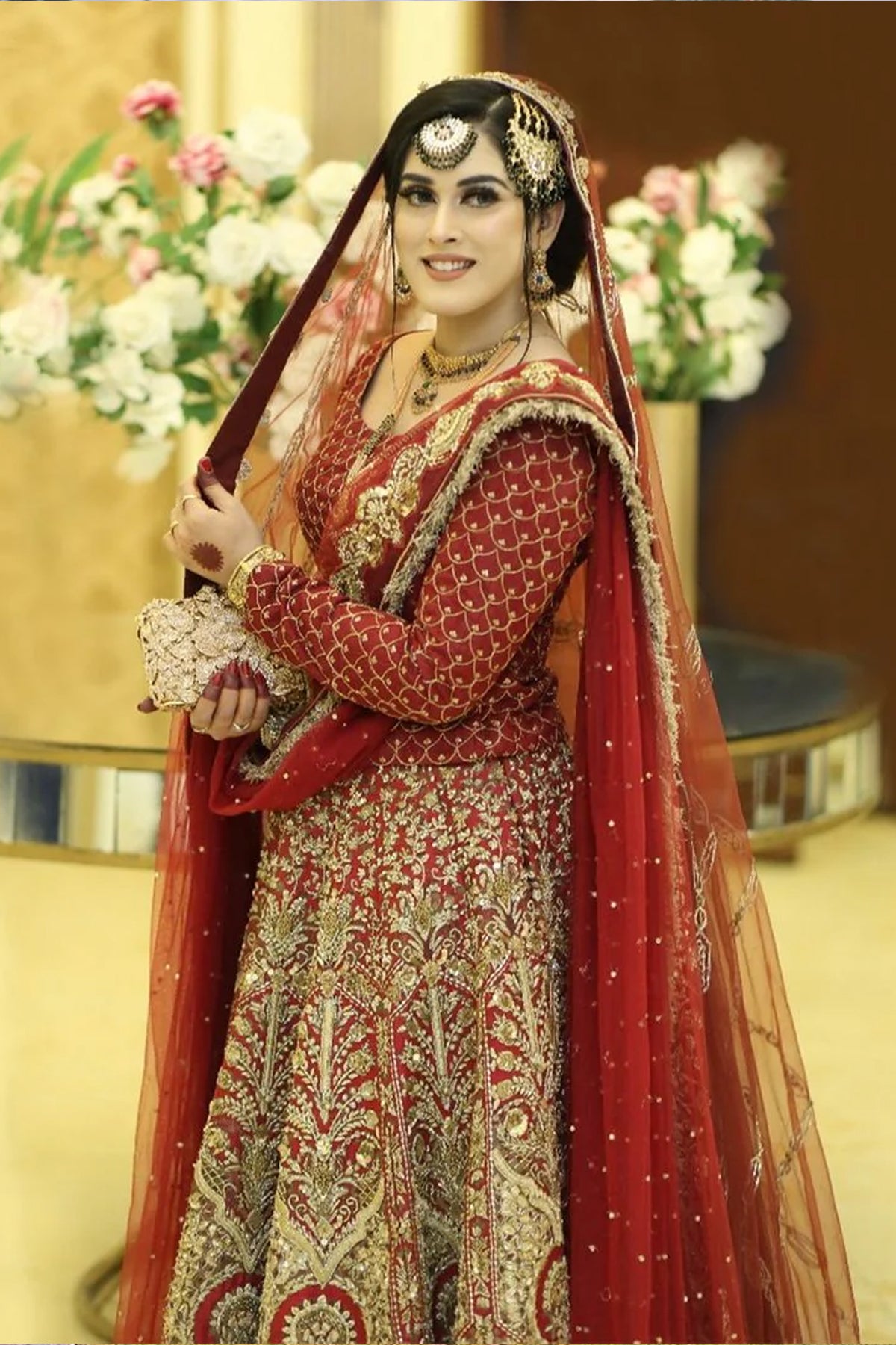 Pakistani Deep Red Zardozi Silk Bridal Lehenga (3-Piece) - Image 1