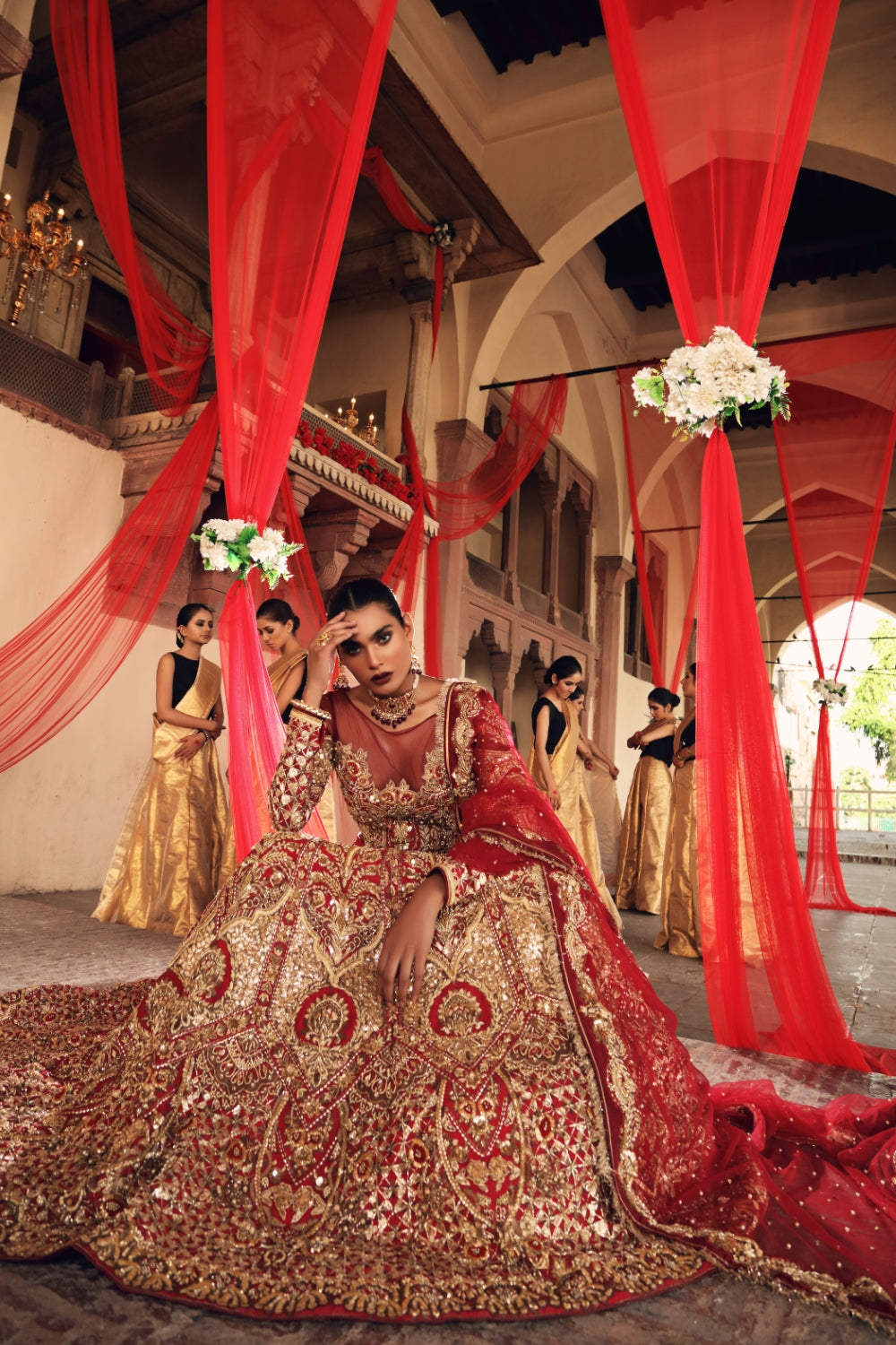 Deep Red Embroidered Silk Bridal Lehenga (3-Piece) - Image 4