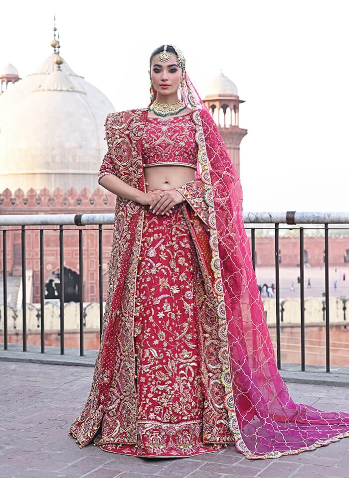 Pakistani Red Mukaish Zardozi Silk Bridal Lehenga (3-Piece) - Image 1