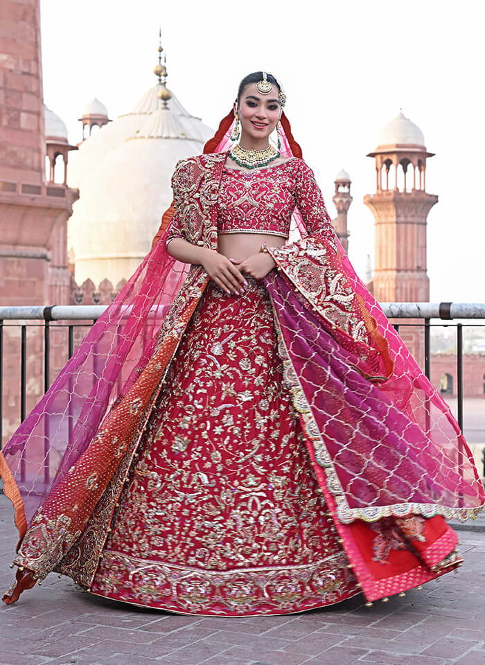 Pakistani Red Mukaish Zardozi Silk Bridal Lehenga (3-Piece) - Image 2