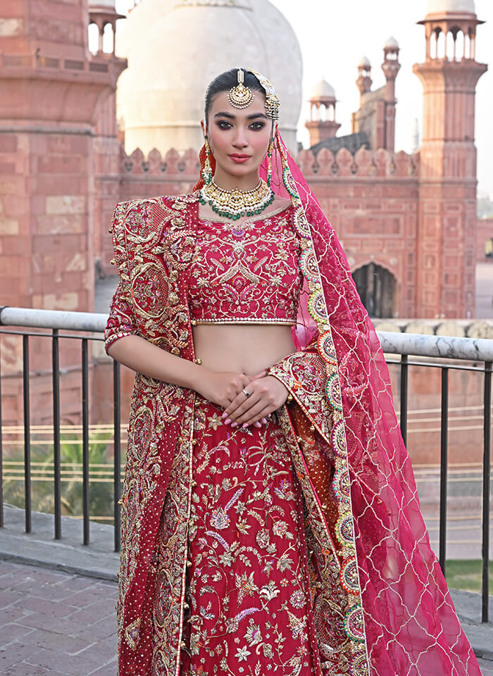 Pakistani Red Mukaish Zardozi Silk Bridal Lehenga (3-Piece) - Image 3