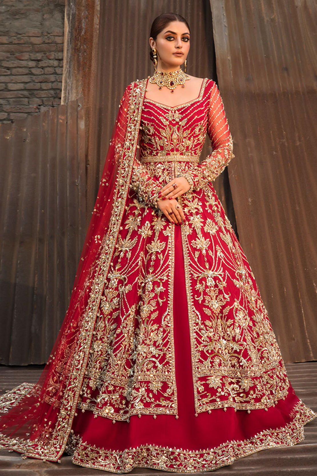 Deep Red Zardozi Silk Bridal Lehenga (3-Piece) - Image 1